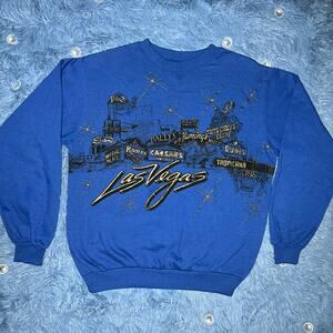 VINTAGE Las Vegas Crewneck Sweater Size Large Mens Blue Gold City Retro 80s
